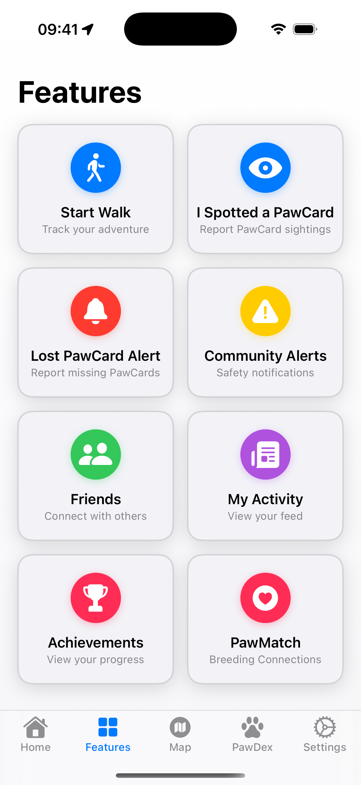 PawCards app showing friend networks and community features