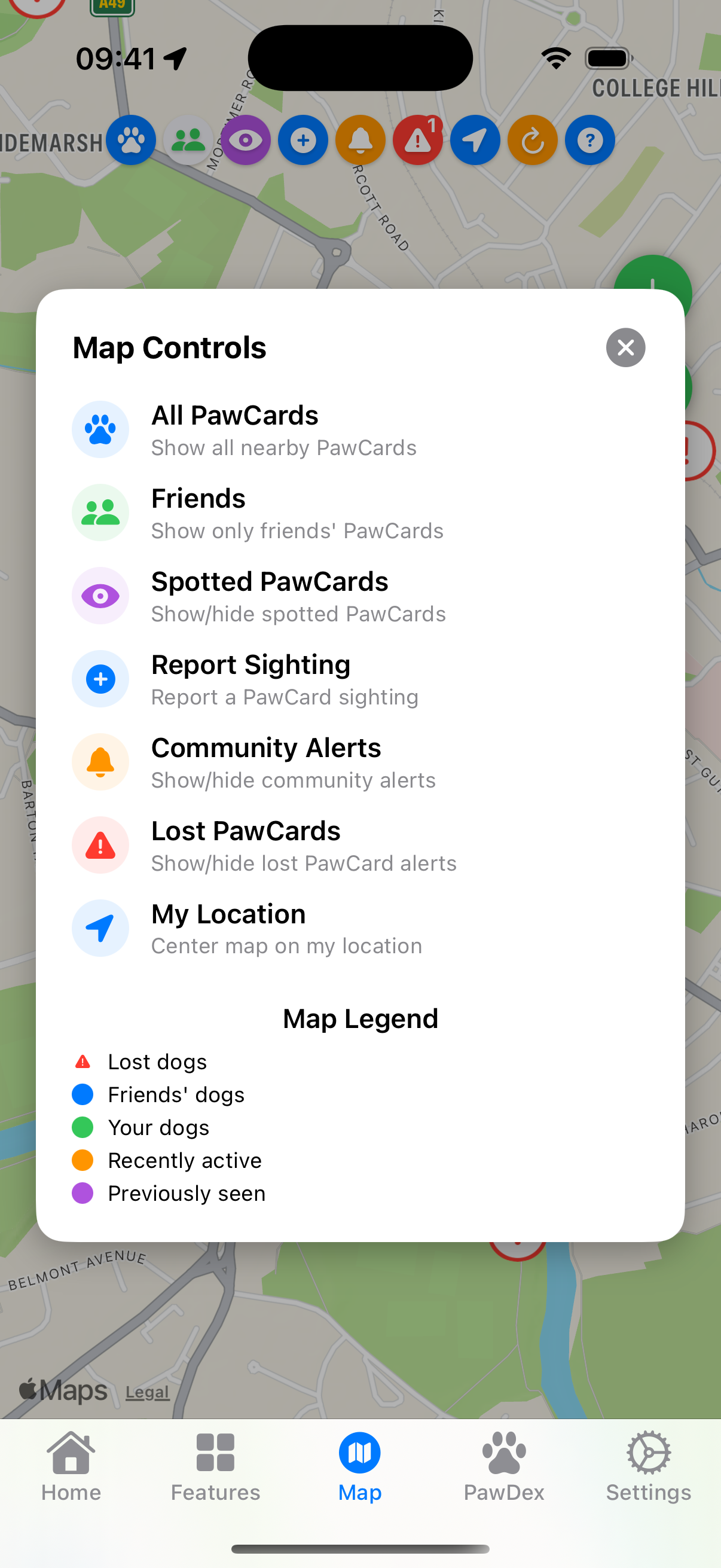 PawWatch community map showing alerts and friend locations